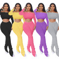 Top Quality Sexy Fashion Plain Sweat Suits Designer Stack Pants Neck Long Sleeve off Shoulder Two Piece Set